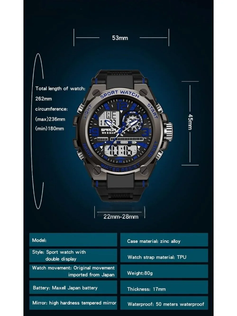Men's Black And Blue Analog Quartz Sports Waterproof Military LED Digital Watch